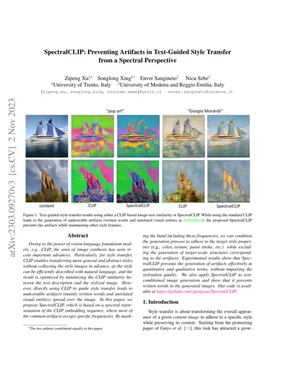 SpectralCLIP: Preventing Artifacts in Text-Guided Style Transfer from a Spectral Perspective
