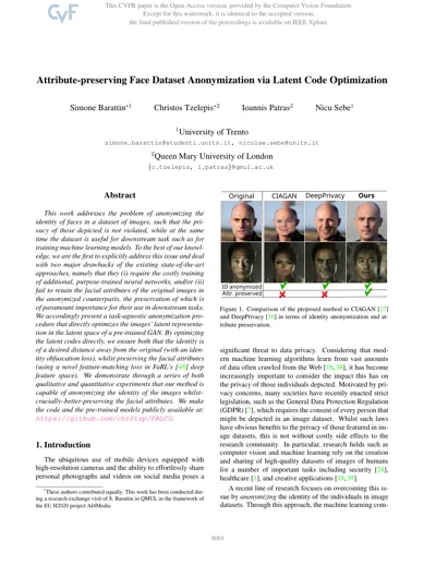 Attribute-preserving Face Dataset Anonymization via Latent Code Optimization 
