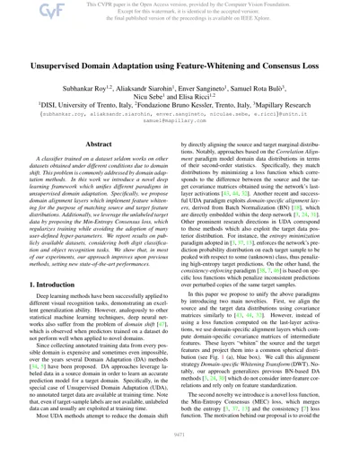 Unsupervised domain adaptation using feature-whitening and consensus loss
