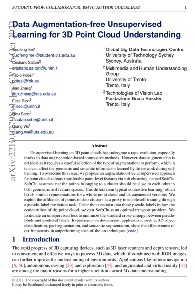 Data Augmentation-free Unsupervised Learning for 3D Point Cloud Understanding