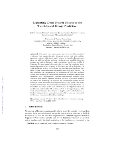 Exploiting Deep Neural Networks for Tweet-based Emoji Prediction